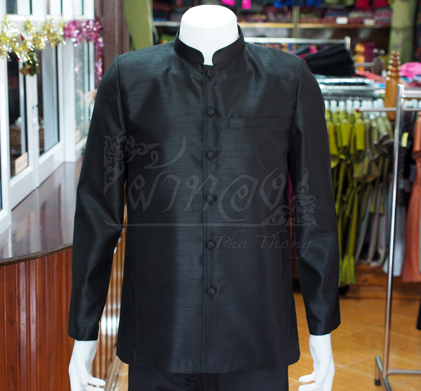 เสื้อผ้าไหมแพรทองคอพระราชทานแขนยาว สีดำ ไซส์ L