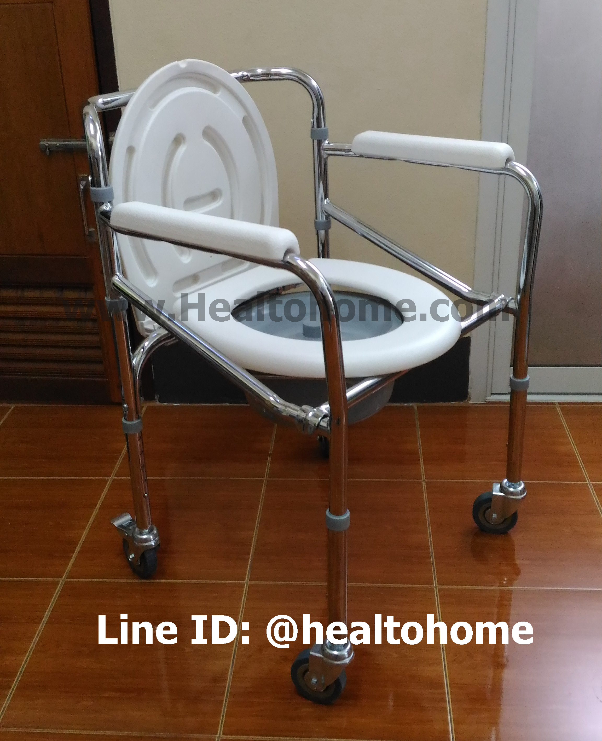 C008-Y615 เก้าอี้นั่งถ่าย เหล็กชุบโครเมี่ยม พับได้ มีล้อ ปรับระดับได้