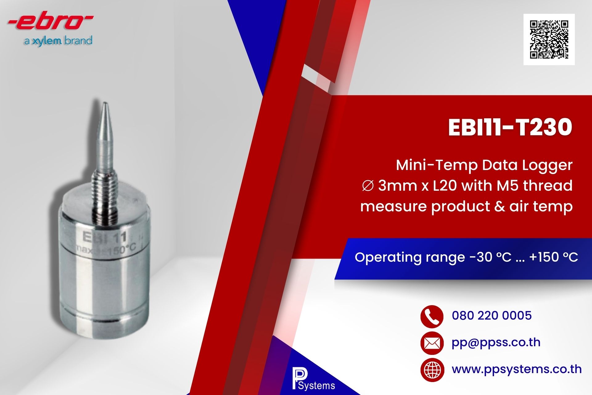 EBRO Mini-Temp Data Logger Probe ⌀ 3mm x L20 with M5 thread range -30°C to 150°C l เครื่องบันทึกอุณหภูมิ สำหรับวัดอากาศและสินค้ากระบวนการผลิตอาหาร