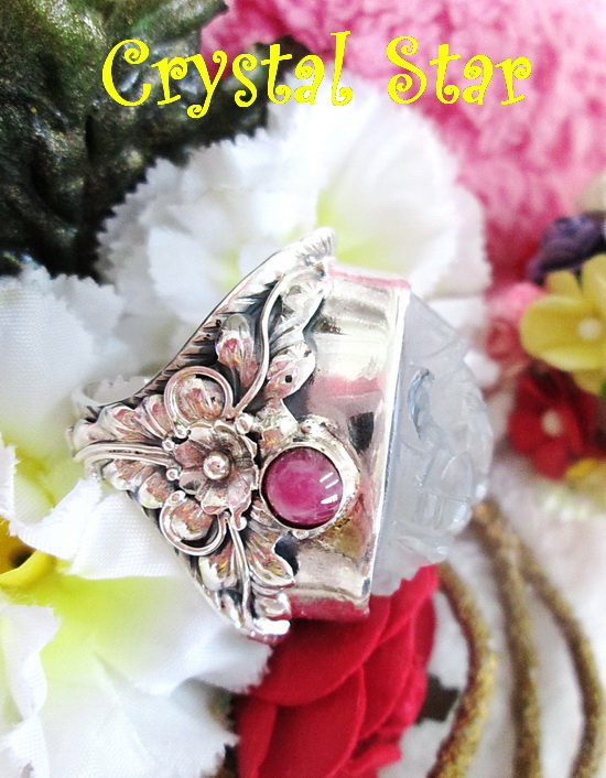 แหวนเงินโป่งข่ามแกะสลัก+ทับทิม