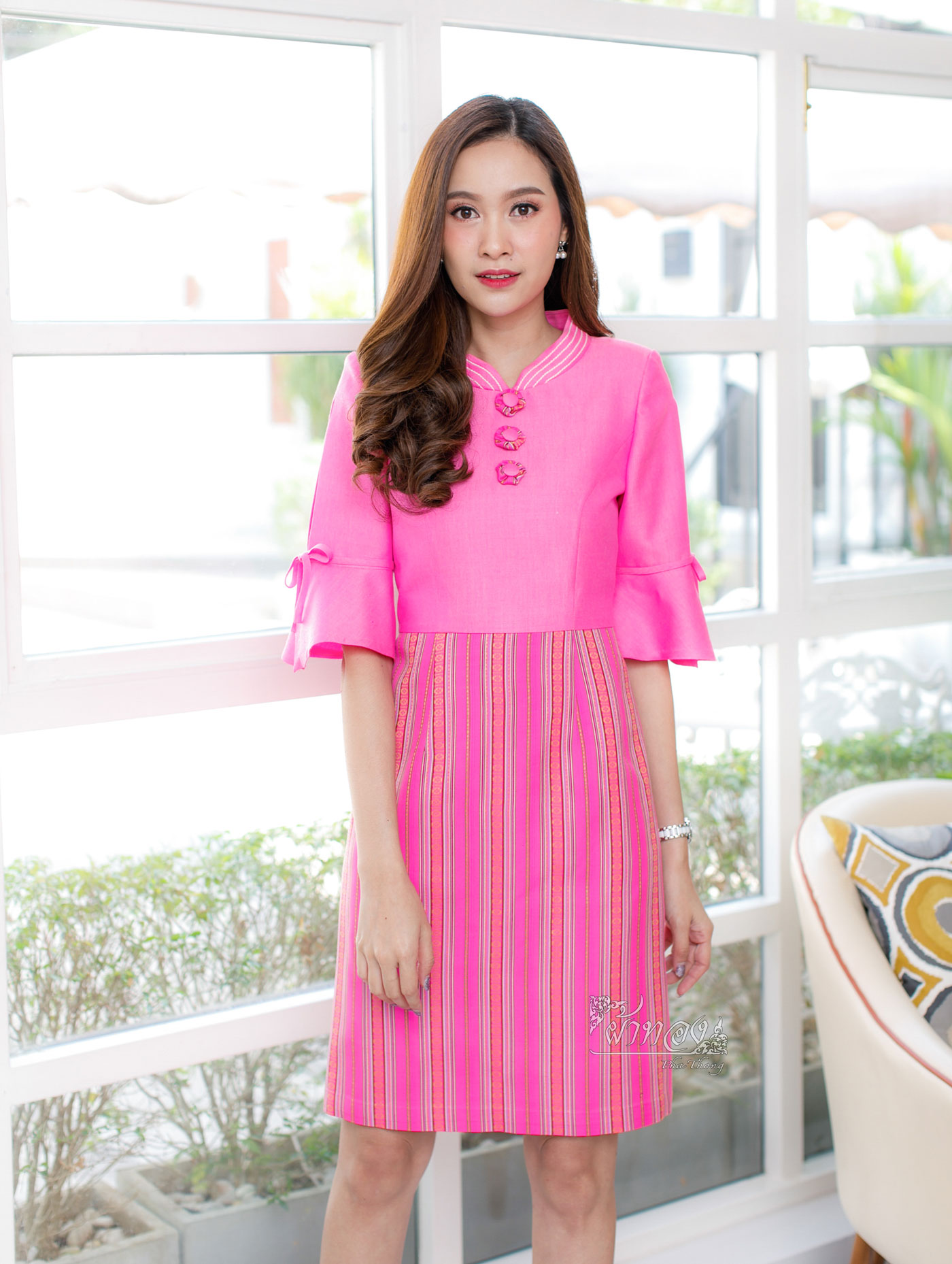 เดรสผ้าฝ้ายสุโขทัย แต่งลายมุก สีชมพู ไซส์ 2XL