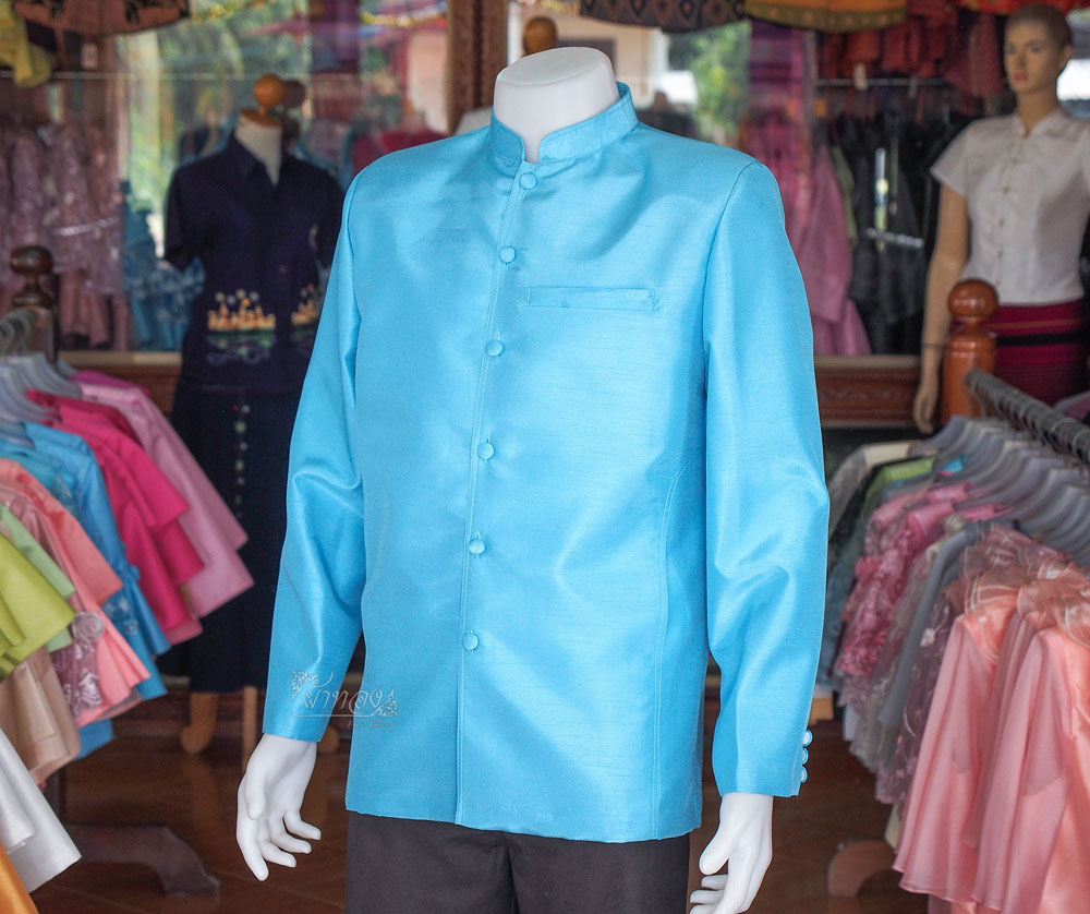 เสื้อผ้าไหมแพรทองคอพระราชทานแขนยาว สีฟ้า ไซส์ S