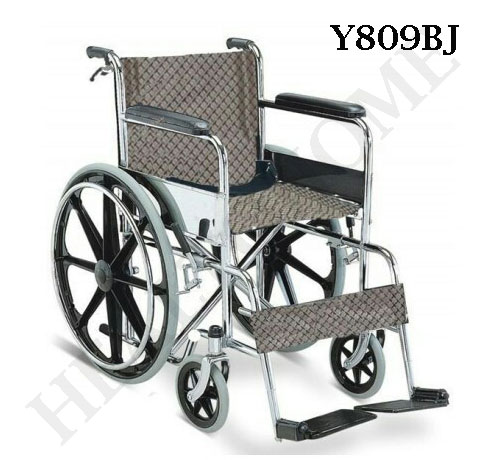 K003-Y809BJ รถเข็นผู้ป่วย เหล็กชุบโครเมี่ยม ล้อแมกซ์ เบาะผ้าสก็อต มีเบรคมือ และเข็มขัด (ส่งฟรี)