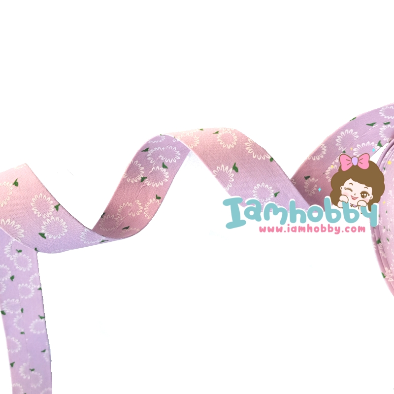 ริบบิ้นผ้า เทปผ้าสไตล์ญี่ปุ่น ขนาด 25 มิล สีชมพู ลายดอกไม้ (1 หลา)