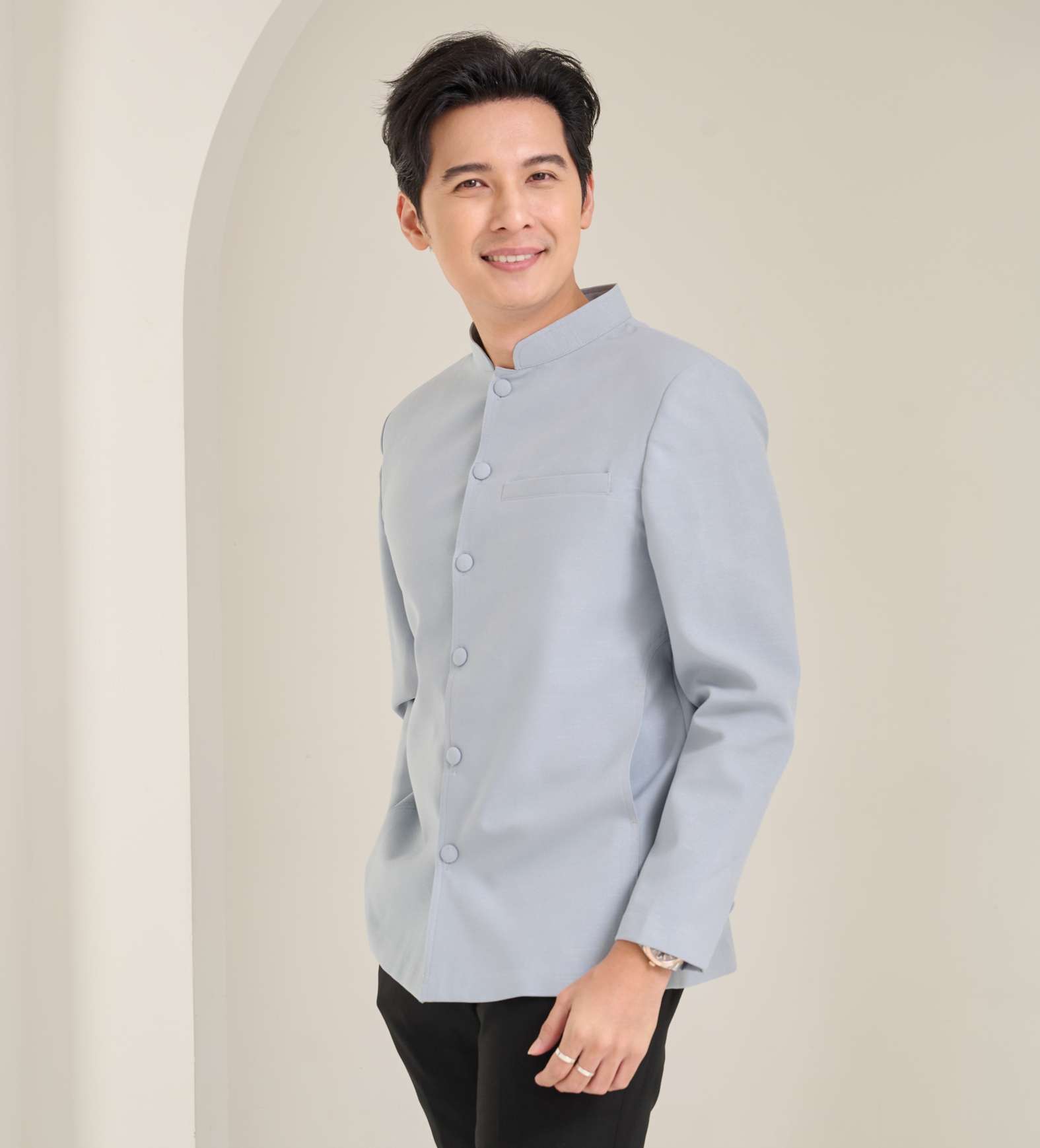 เสื้อผ้าฝ้ายแพรเงิน คอพระราชทานแขนยาว สีเทา ไซส์ L