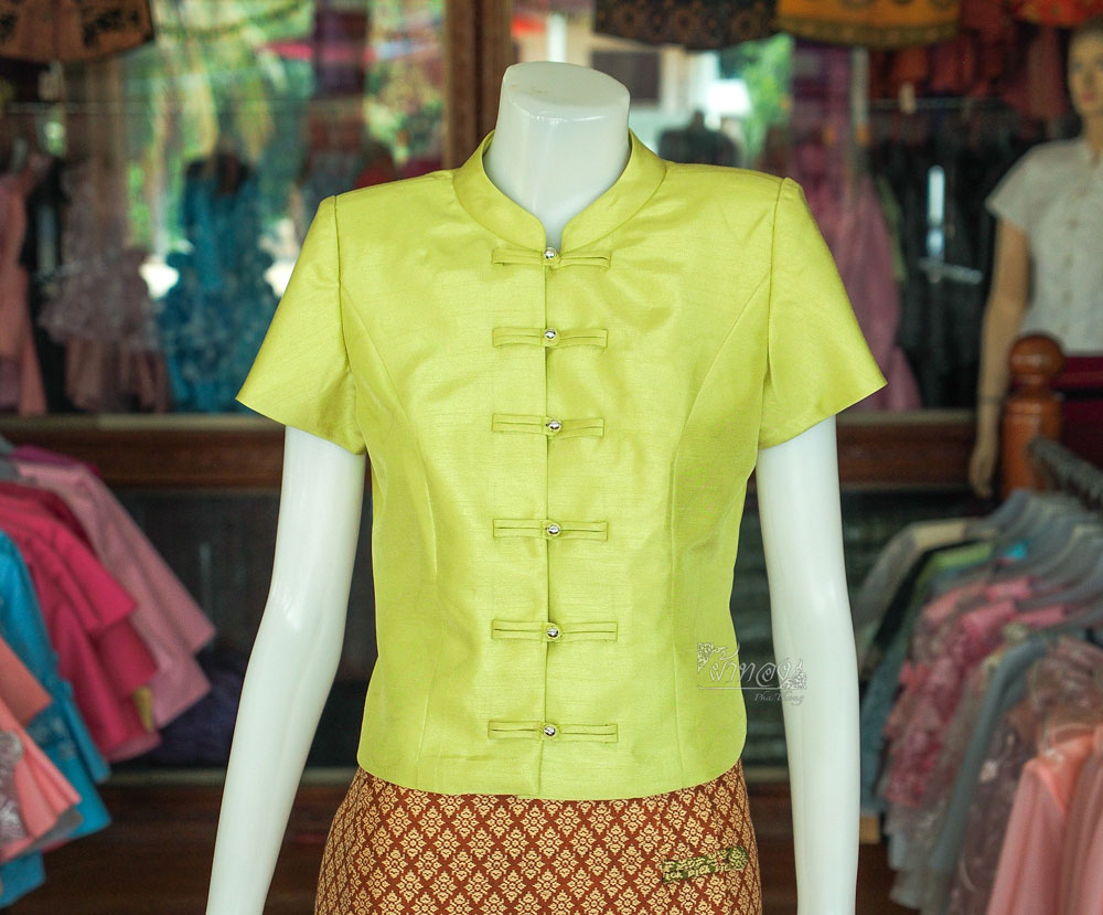 เสื้อผ้าไหมแพรทอง คอจีน สีเขียว ไซส์ S