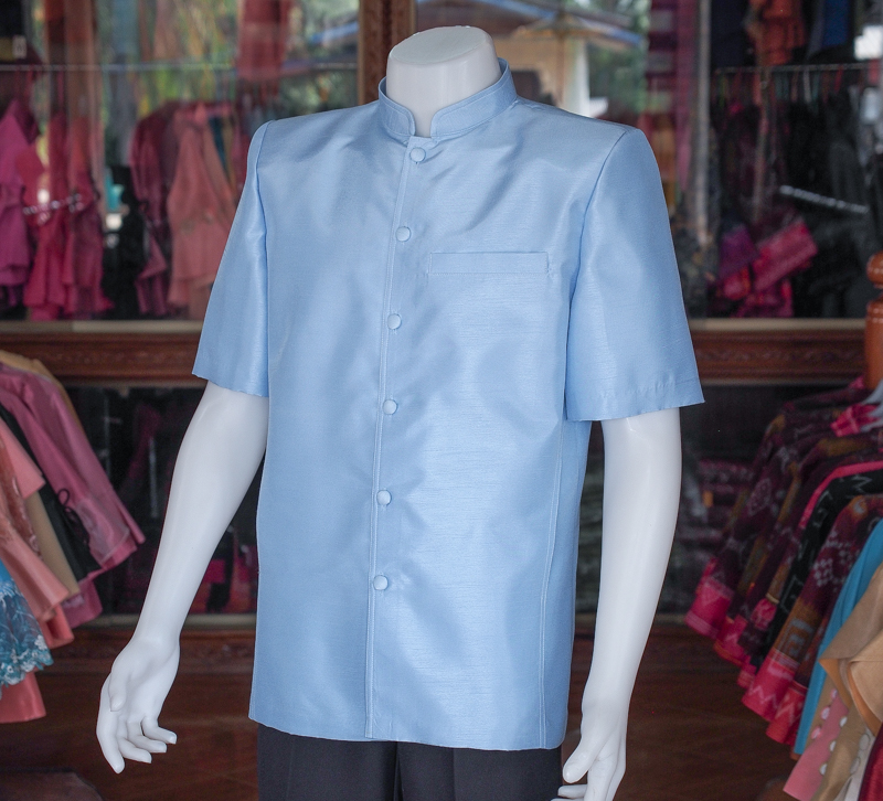 เสื้อผ้าไหมแพรทอง คอพระราชทาน สีฟ้าอ่อน ไซส์ 3XL