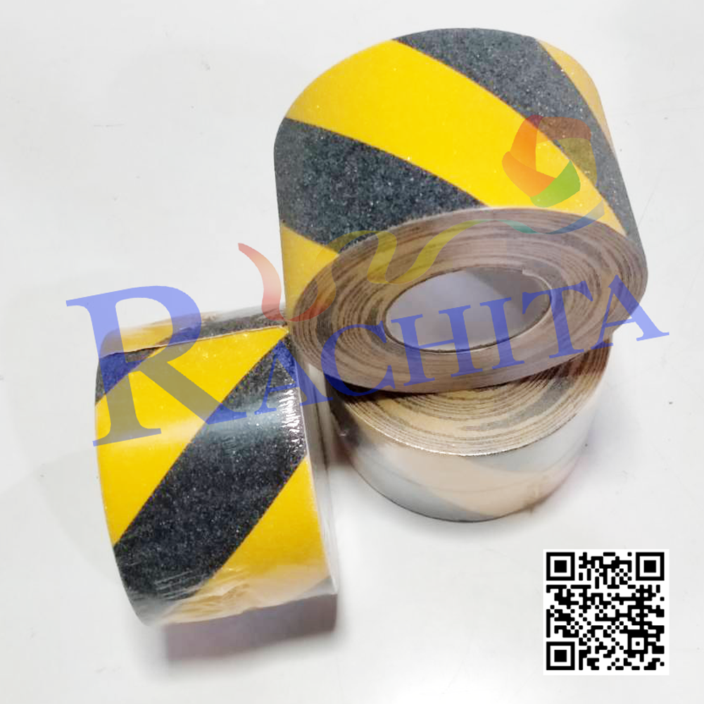 Anti slip tape เทปกันลื่น สีเหลืองดำ กว้าง 4" ยาว 18 เมตร ผิวหยาบ สำหรับติดบันได ทางเดิน ทางลาดเอียง