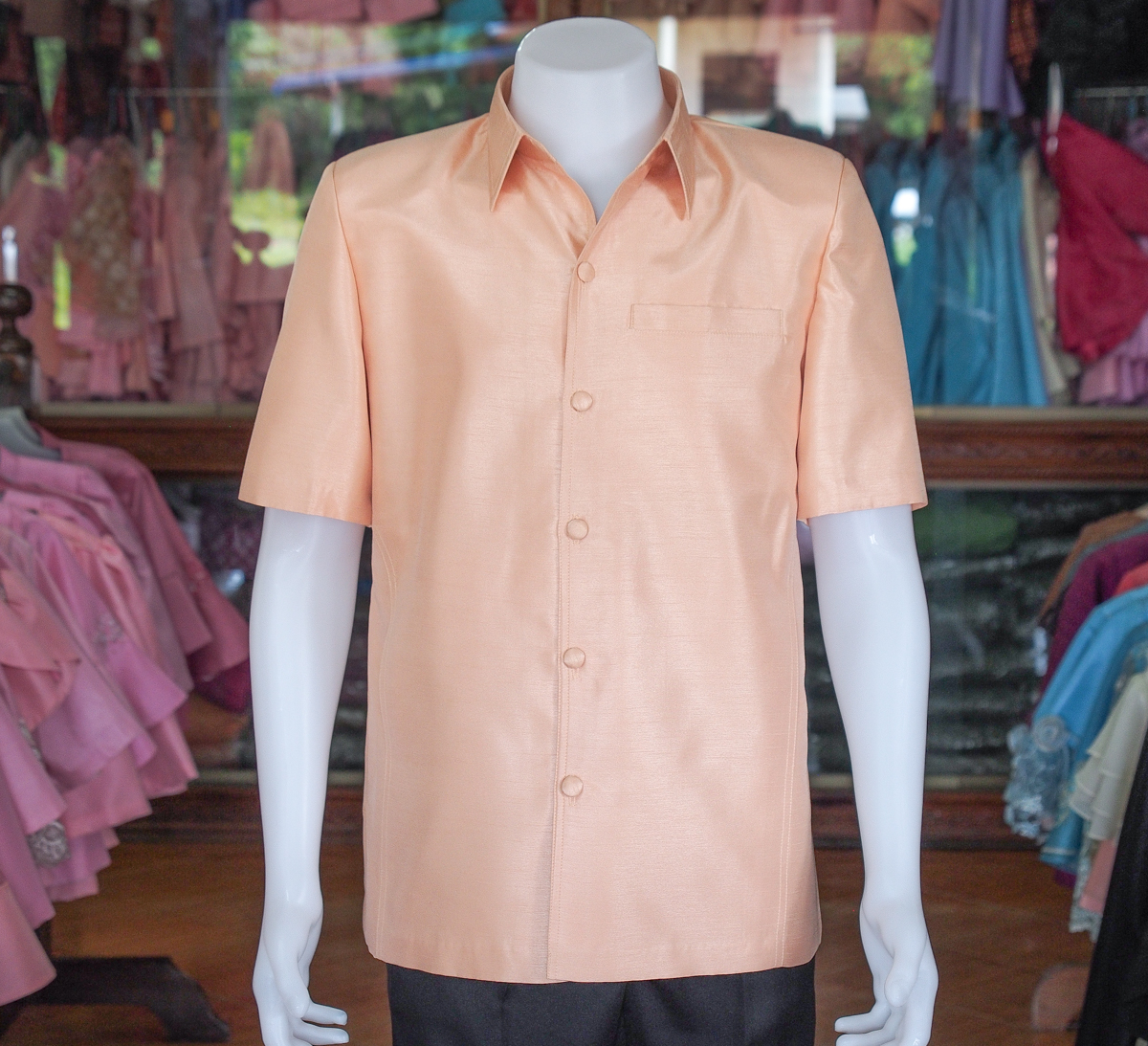 เสื้อผ้าไหมแพรทอง สีโอรสอ่อน ไซส์ 3XL