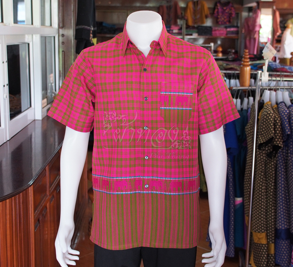 เสื้อเชิ้ตผ้าฝ้ายทอลายช้าง ไม่อัดผ้ากาว ไซส์ L