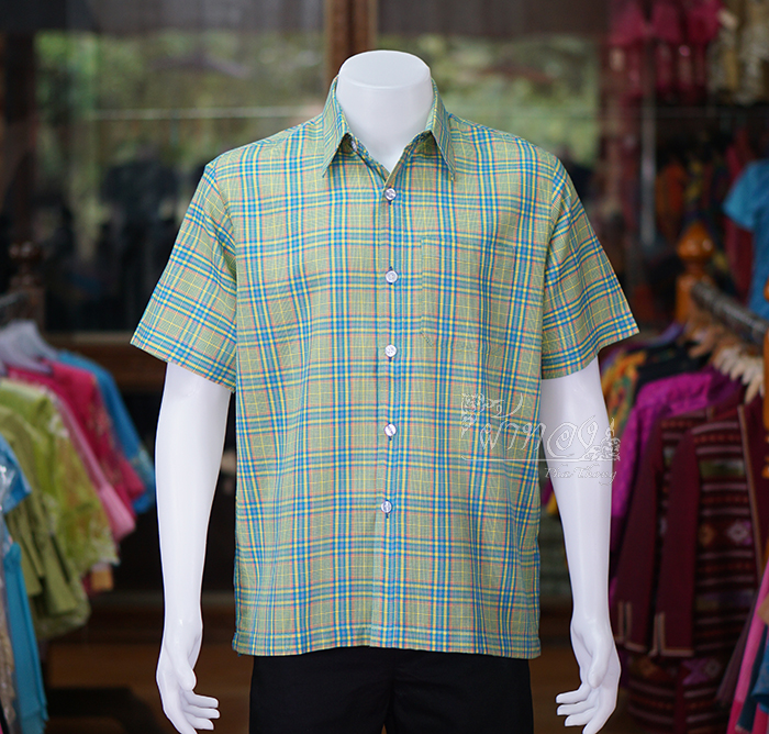 เสื้อเชิ้ตผ้าทอลายสก็อต ไม่อัดผ้ากาว สีเขียว-เหลือง ไซส์ S