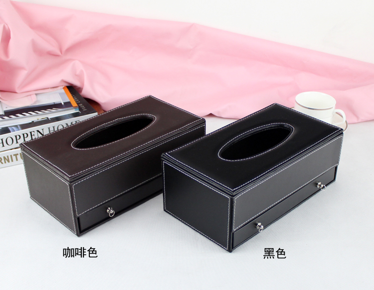 กล่องหนัง ใส่กระดาษทิชชู่ พร้อมลิ้นชักใส่ของ สีน้ำตาลเข้ม ขนาด 25.5cm x 13.5cm x 9.5cm