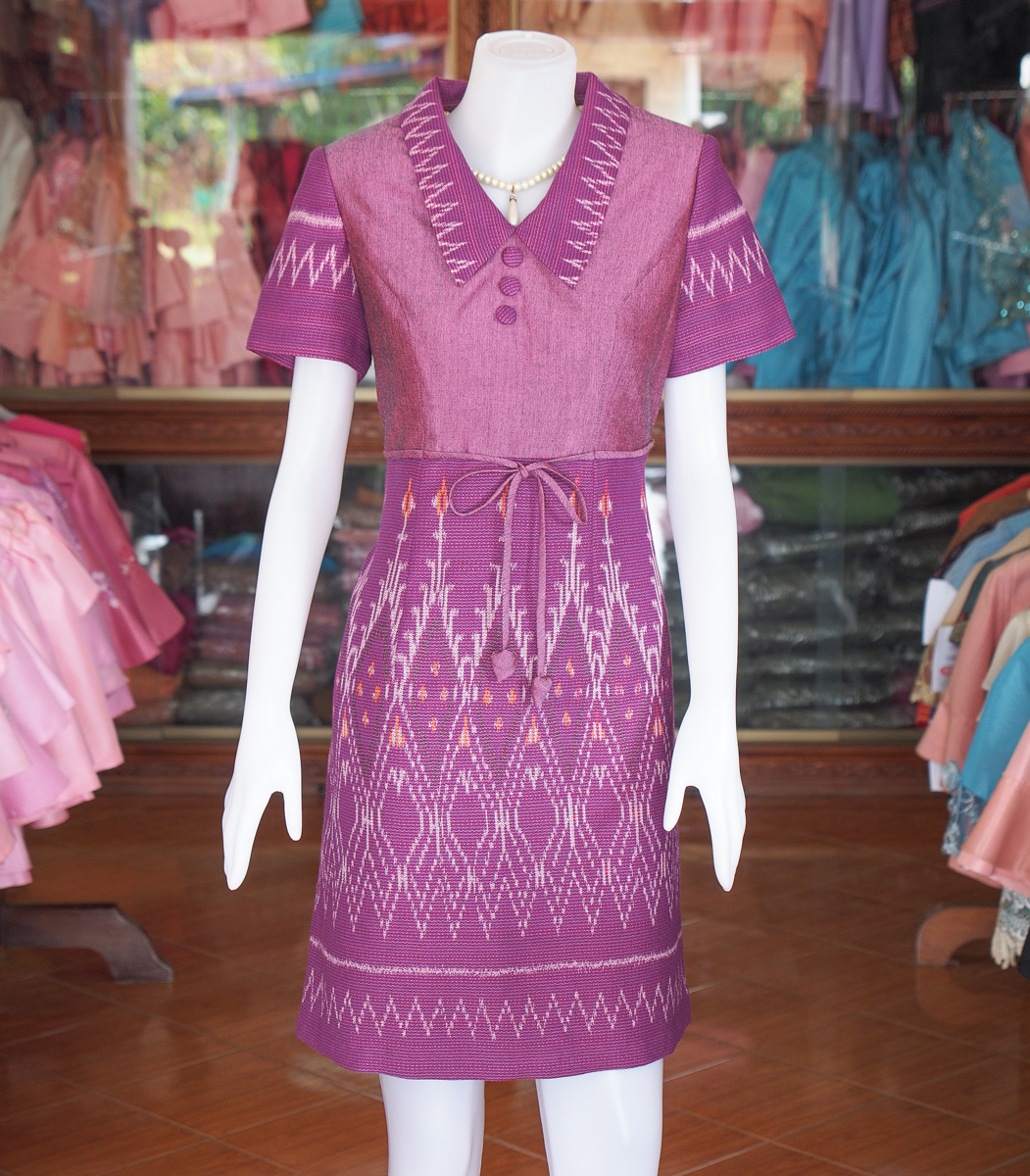 เดรสผ้าฝ้ายมัดหมี่ทอมือ สีม่วง ไซส์ 3XL