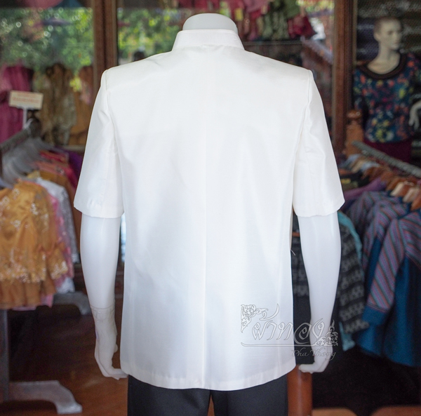 เสื้อผ้าไหมแพรทองคอพระราชทานแขนสั้น สีขาวนวล ไซส์ M