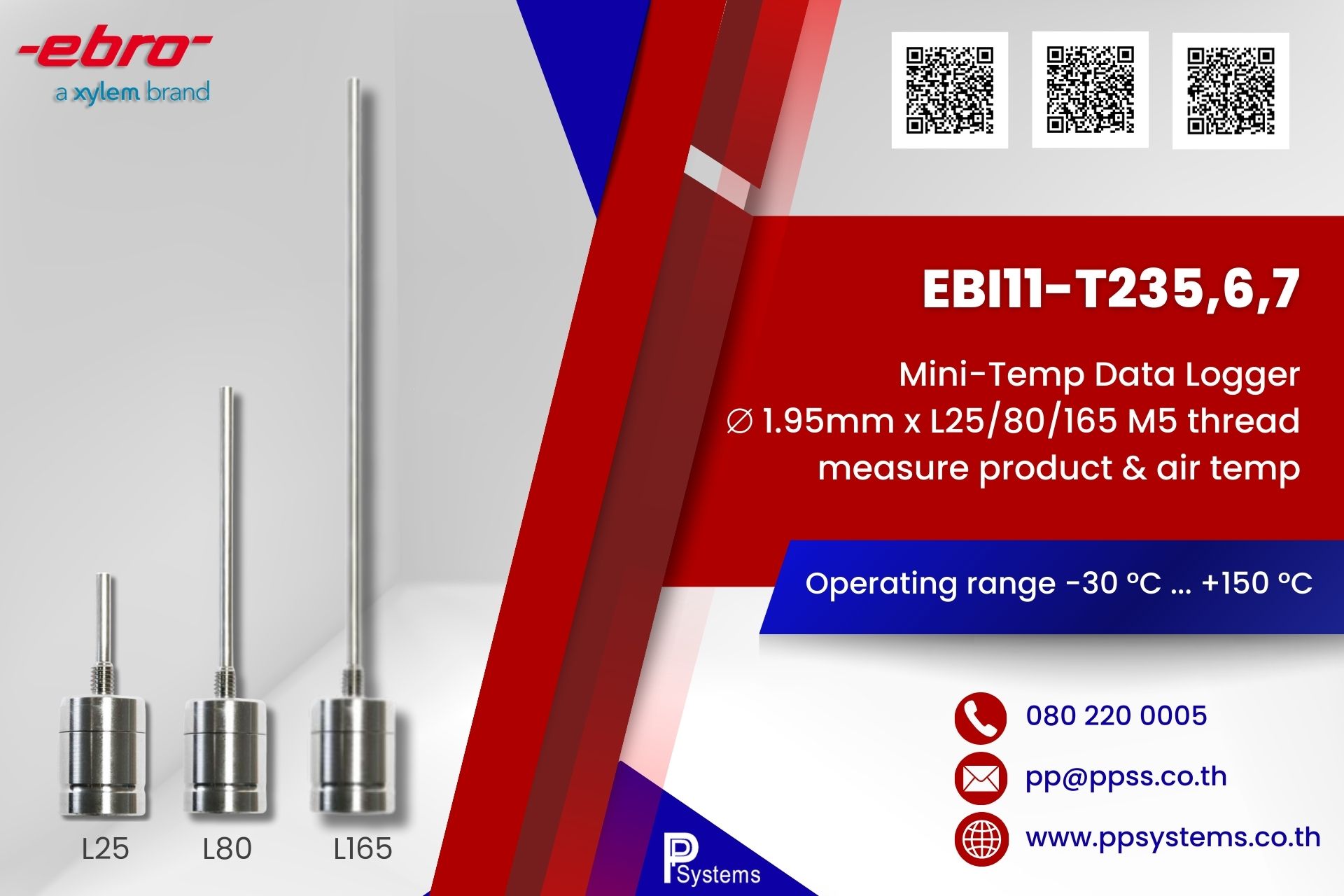 EBRO Mini-Temp Data Logger Probe ⌀ 1.95mm x L25/80/165 with M5 thread range -30°C to 150°C l เครื่องบันทึกอุณหภูมิ สำหรับวัดอากาศและสินค้ากระบวนการผลิตอาหาร