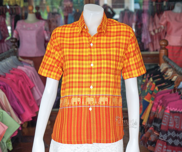 เสื้อเชิ้ตผ้าฝ้ายทอลายช้าง ไม่อัดผ้ากาว ไซส์ 2XL