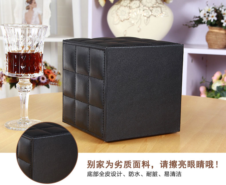 กล่องทิชชู่ หนัง pu สีดำ ลาย grid หนังแกะ ใส่กระดาษทิชชู่ ขนาด 13cm x 13cm x 13cm