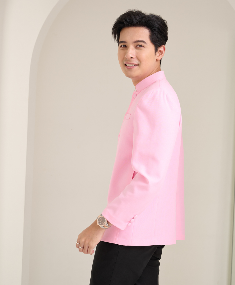 เสื้อผ้าฝ้ายแพรเงินคอพระราชทานแขนยาว สีชมพู ไซส์ 2XL