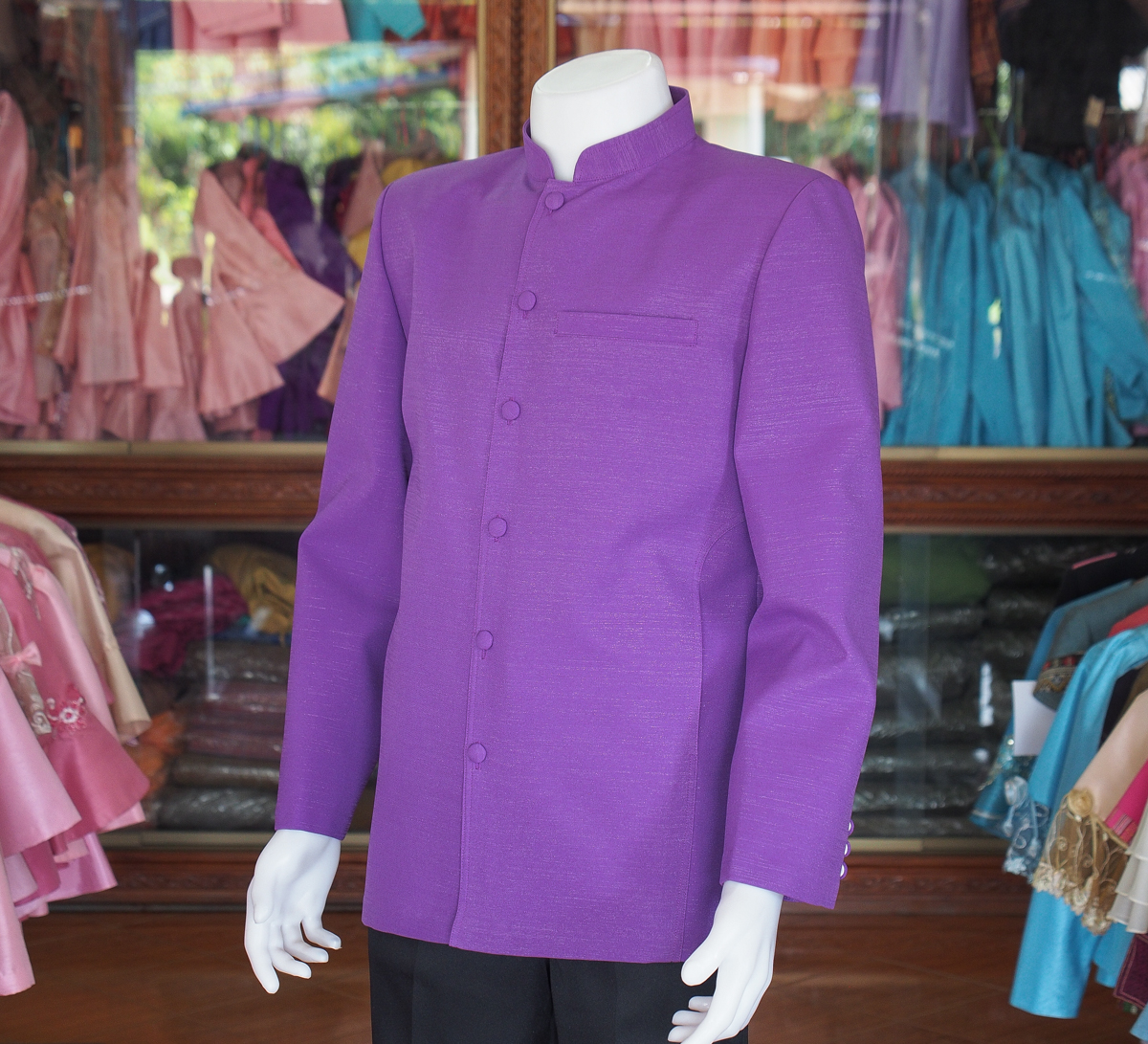 เสื้อผ้าฝ้ายแพรเงิน คอพระราชทานแขนยาว สีม่วงเข้ม ไซส์ XL