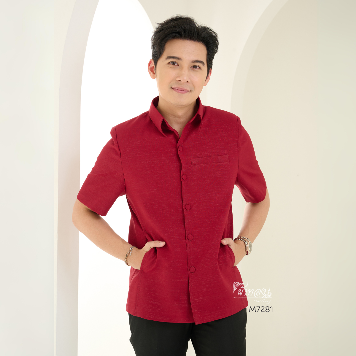 เสื้อผ้าฝ้ายแพรเงิน สีแดงเลือดหมู ไซส์ 3XL
