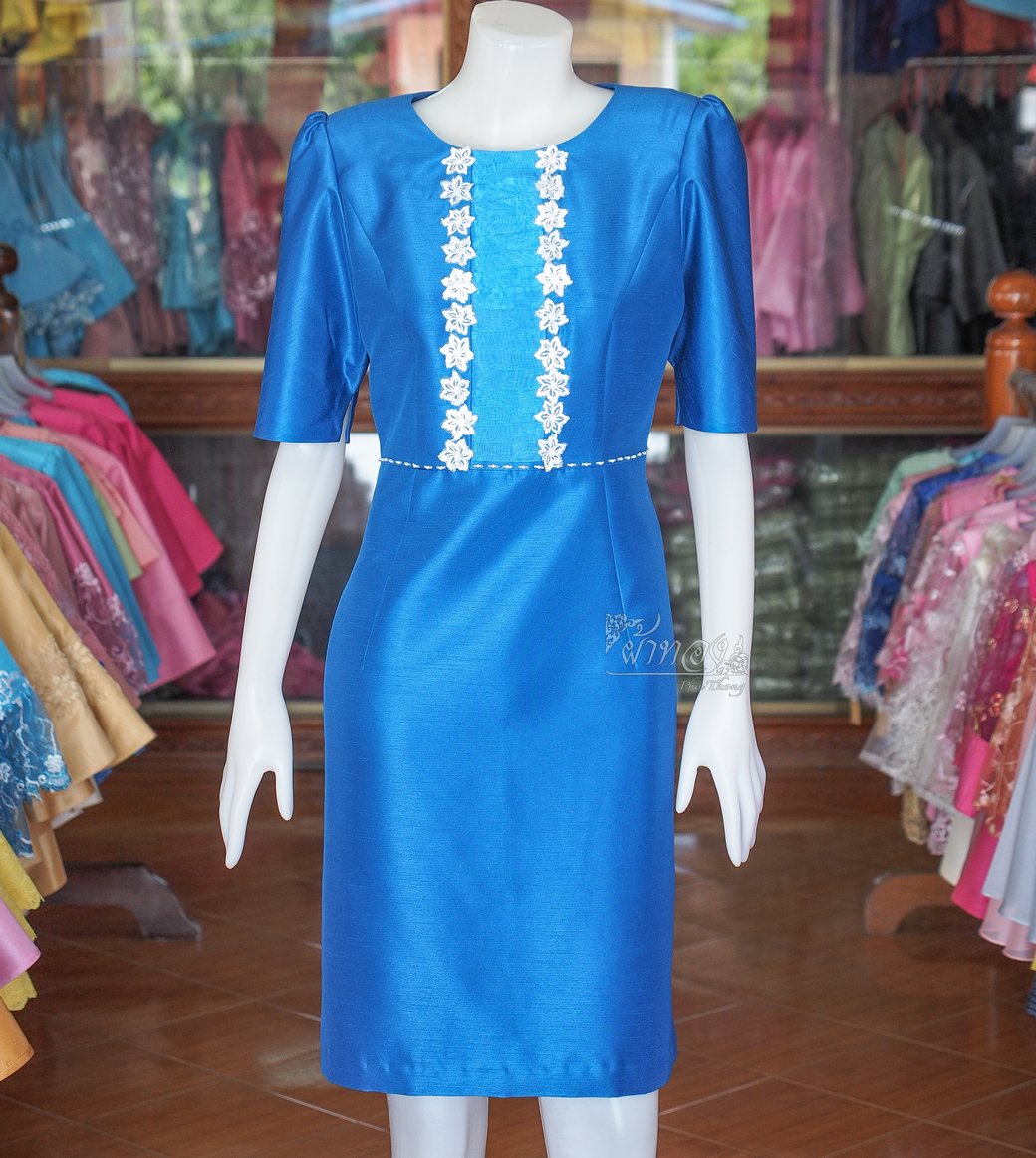 เดรสผ้าไหมแพรทองแต่งลูกไม้ สีน้ำเงิน ไซส์ 3XL
