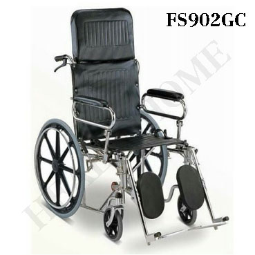 K009-FS902GC รถเข็นผู้ป่วย ปรับนอนได้ เหล็กชุบโครเมี่ยม ล้อแมกซ์ เบาะหนัง (ส่งฟรี)