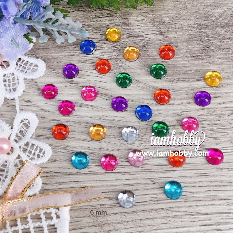 พลอยกลม 6 มิล คละสี พลอยตกแต่ง ฐานเรียบ (แพ็คละ 40 ชิ้น)
