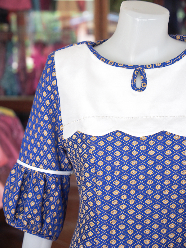 เดรสผ้าฝ้ายทอลายดอกหวาย สีน้ำเงิน ไซส์ S