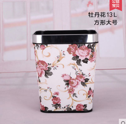 ถังขยะโรงแรม หนังเทียม ปากเหลี่ยม ลายดอกไม้ ขนาด 13 L