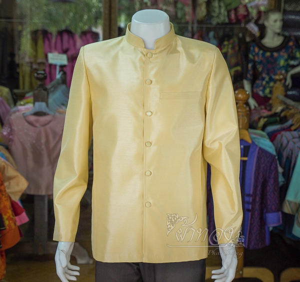 เสื้อผ้าไหมแพรทองคอพระราชทานแขนยาว ไซส์ 3XL