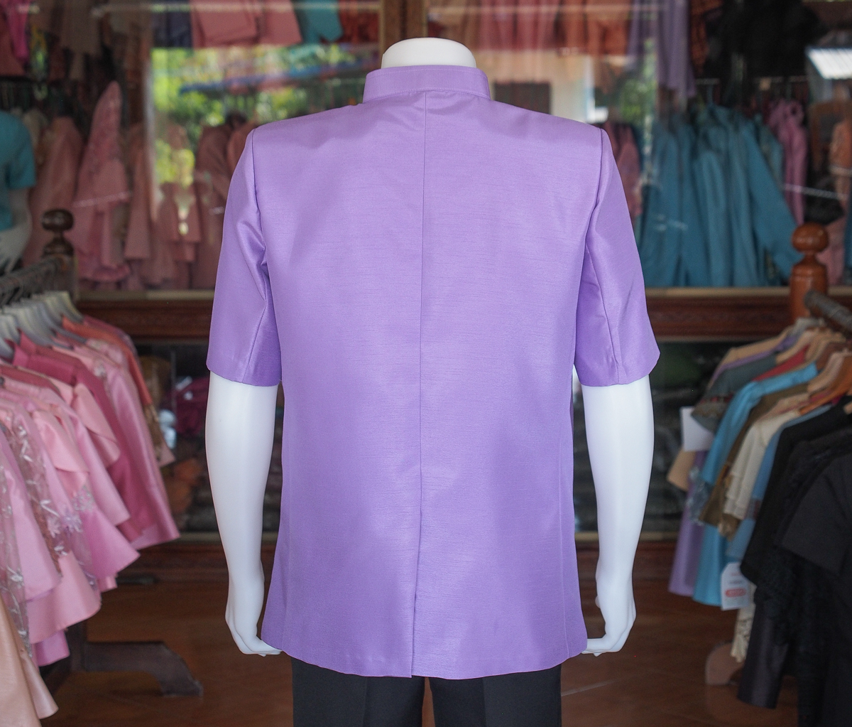 เสื้อผ้าไหมแพรทอง คอพระราชทาน สีม่วง ไซส์ L