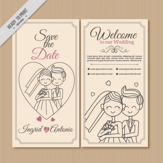 การ์ดแต่งงาน Wedding card สไตล์การออกแบบดีไซน์แบบเรียบๆและตกแต่งด้วยรูปการ์ตูนบ่าวสาวเพิ่มความโดดเด่นสวยงาม การ์ดงานแต่ง ไว้สำหรับ เรียนเชิญแขกผู้มีเกียรติเข้ามาร่วมงานแต่งงาน // ตัวอย่างดีไซน์ การ์ดแต่งงาน การ์ดเชิญ การ์ดสวยๆ