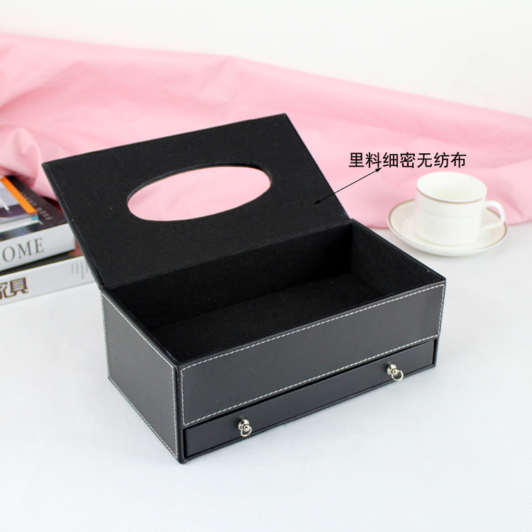 กล่องหนัง ใส่กระดาษทิชชู่ พร้อมลิ้นชักใส่ของ สีดำ ขนาด 25.5cm x 13.5cm x 9.5cm