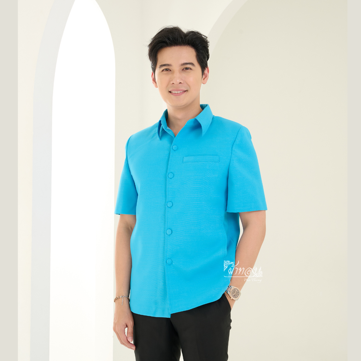 เสื้อผ้าฝ้ายแพรเงิน สีฟ้าเข้ม ไซส์ XL