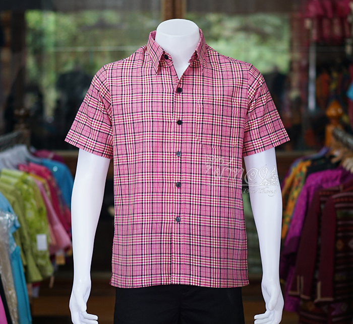 เสื้อเชิ้ตผ้าทอลายสก็อต ไม่อัดผ้ากาว สีบานเย็น-ดำ ไซส์ L