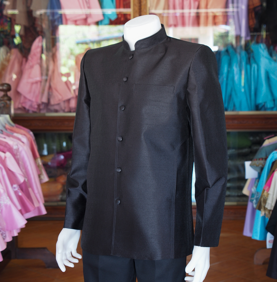 เสื้อสูทไหมมุก คอพระราชทานแขนยาว สีดำ ไซส์ L
