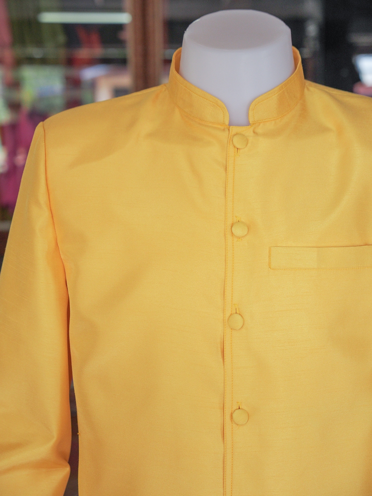 เสื้อผ้าไหมแพรทองคอพระราชทานแขนยาว สีเหลือง ไซส์ 3XL