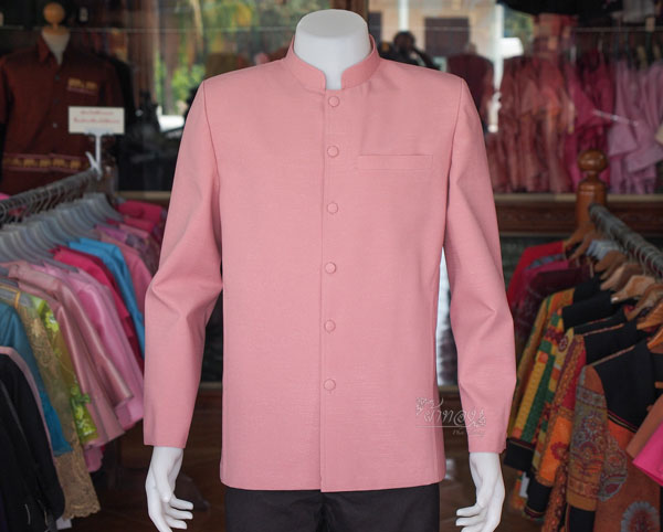 เสื้อผ้าฝ้ายแพรเงินคอพระราชทานแขนยาว สีชมพูกะปิ ไซส์ 3XL