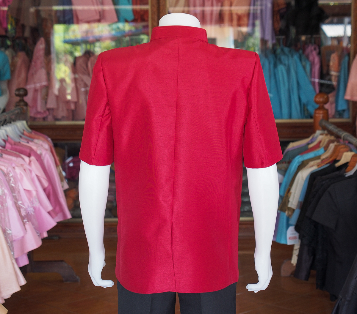 เสื้อผ้าไหมแพรทอง คอพระราชทาน สีแดง ไซส์ 4XL