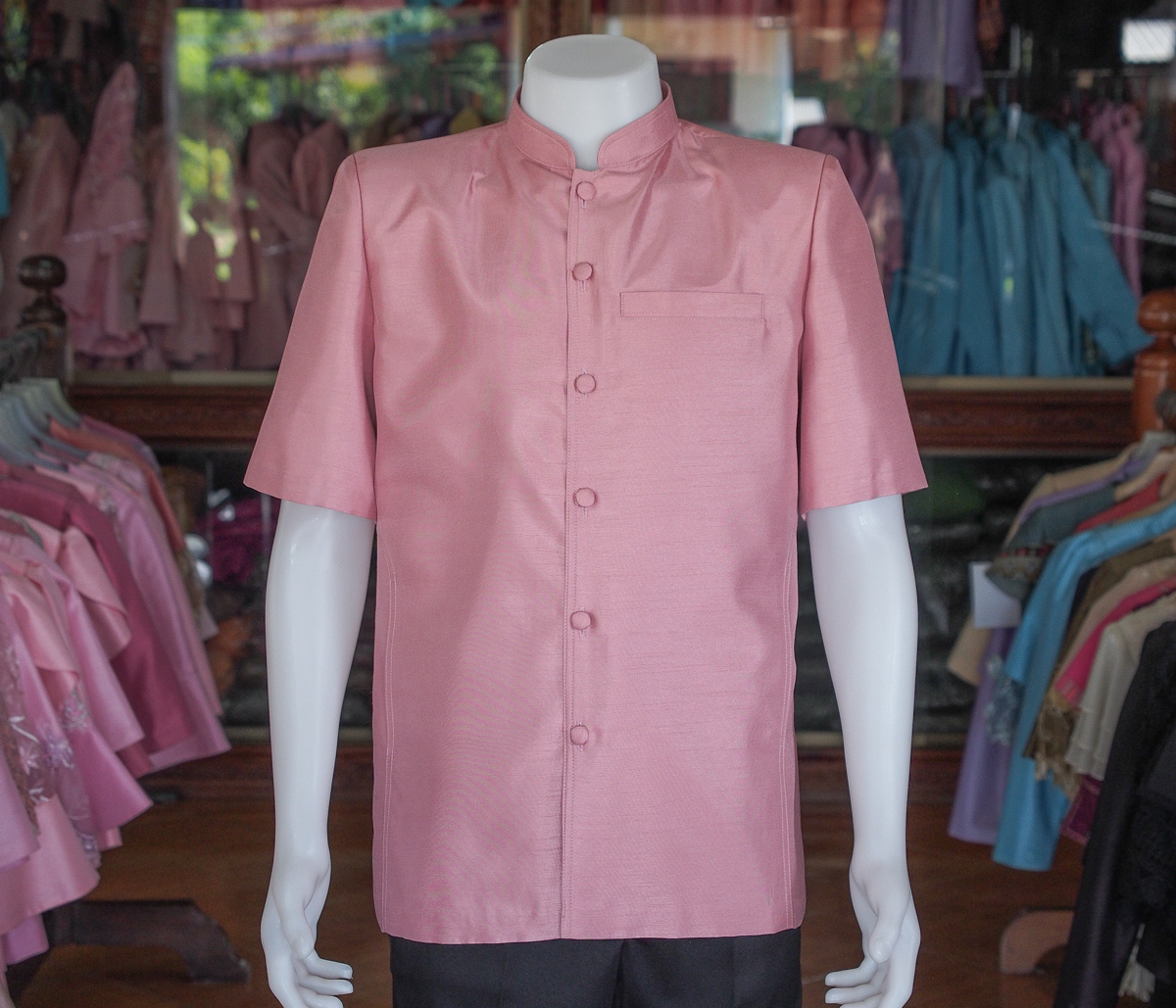 เสื้อผ้าไหมแพรทอง คอพระราชทาน สีชมพูกะปิ ไซส์ M