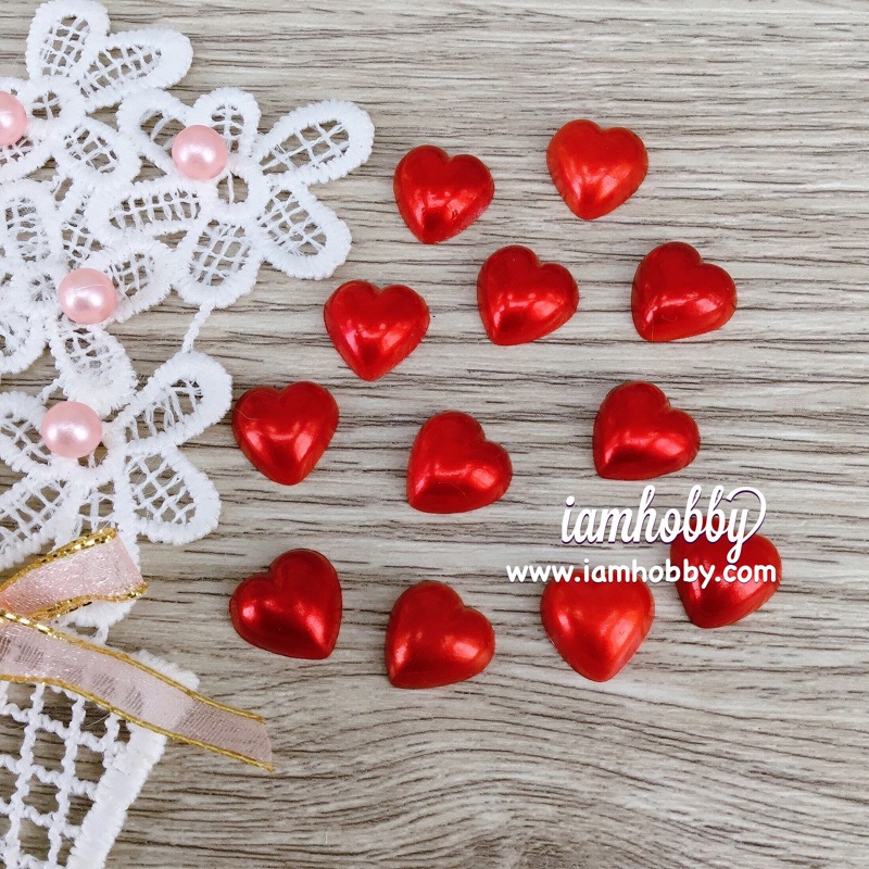 หัวใจมุก ทรงมน ขนาด 12 มิล สีแดง (แพ็คละ 50 ชิ้น)