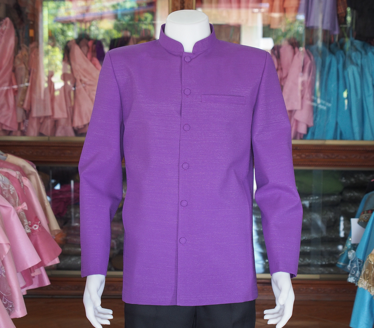 เสื้อผ้าฝ้ายแพรเงิน คอพระราชทานแขนยาว สีม่วงเข้ม ไซส์ XL