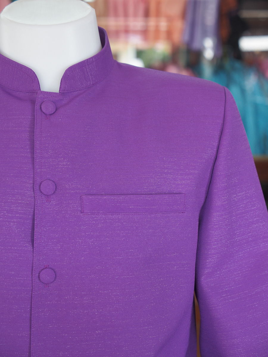 เสื้อผ้าฝ้ายแพรเงิน คอพระราชทานแขนยาว สีม่วงเข้ม ไซส์ XL