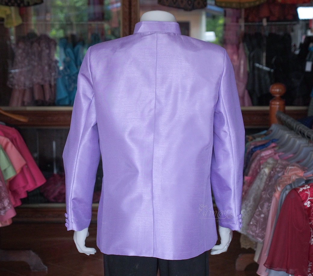 เสื้อผ้าไหมแพรทองคอพระราชทานแขนยาว สีม่วง ไซส์ XL