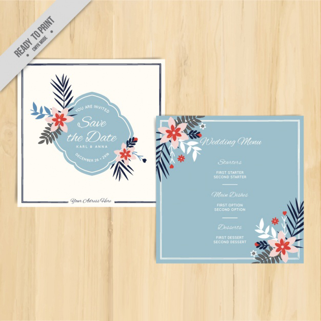 การ์ดแต่งงาน Wedding card สไตล์การออกแบบดีไซน์แบบสีพาสเทลโทนฟ้าขาวและนำดอกไม้ที่มีสีสีนสดใสมาตกแต่งเพิ่มความสวยงามลงตัว การ์ดงานแต่ง ไว้สำหรับ เรียนเชิญแขกผู้มีเกียรติเข้ามาร่วมงานแต่งงาน // ตัวอย่างดีไซน์ การ์ดแต่งงาน การ์ดเชิญ การ์ดสวยๆ