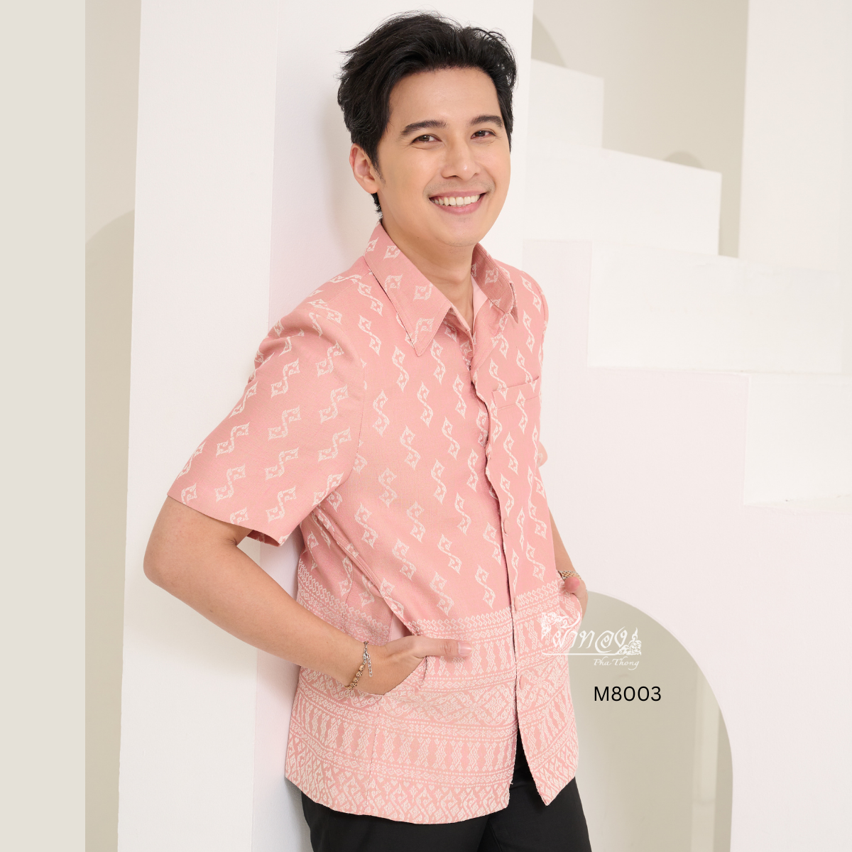 เสื้อผ้าฝ้ายลายขอ สีโอรส ไซส์ L
