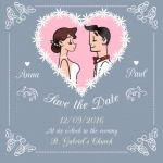 การ์ดแต่งงาน Wedding card สไตล์การออกแบบดีไซน์แบบใช้โทนสีเทาพาสเทลและตกแต่งด้วยการ์ตูนบ่าวสาวเพิ่มความโดดเด่นหรูหราแก่การ์ดยิ่งขึ้น การ์ดงานแต่ง ไว้สำหรับ เรียนเชิญแขกผู้มีเกียรติเข้ามาร่วมงานแต่งงาน // ตัวอย่างดีไซน์ การ์ดแต่งงาน การ์ดเชิญ การ์ดสวยๆ