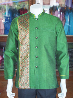 เสื้อผ้าฝ้ายสุโขทัยแต่งจก คอพระราชทานแขนยาว สีเขียว ไซส์ XL