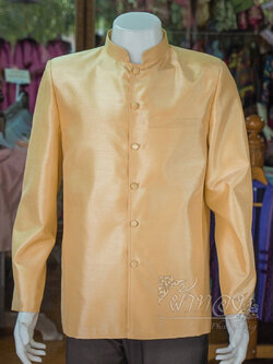 เสื้อผ้าไหมแพรทองคอพระราชทานแขนยาว สีทองอ่อน ไซส์ XL