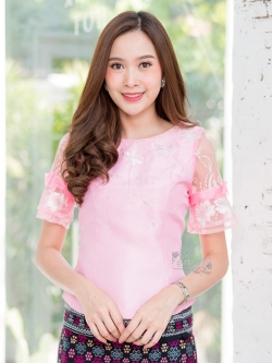 เสื้อผ้าไหมแพรทอง สีชมพู แต่งลูกไม้ ไซส์ 3XL